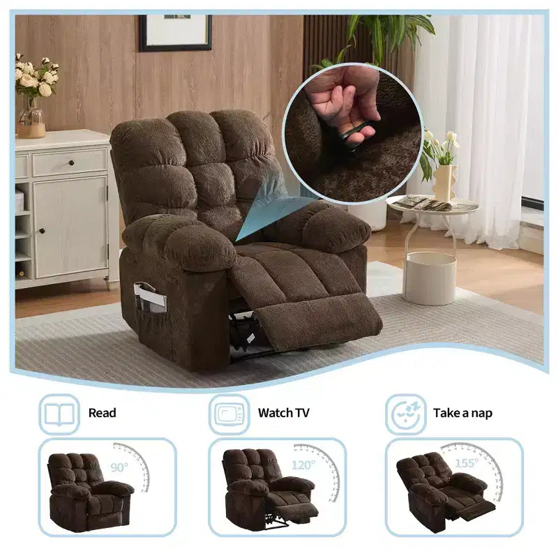 Fauteuil inclinable manuel surdimensionné, fauteuil inclinable ergonomique et respirant avec siège rembourré et 2 poches latérales, canapé individuel pour salon, chambre à coucher