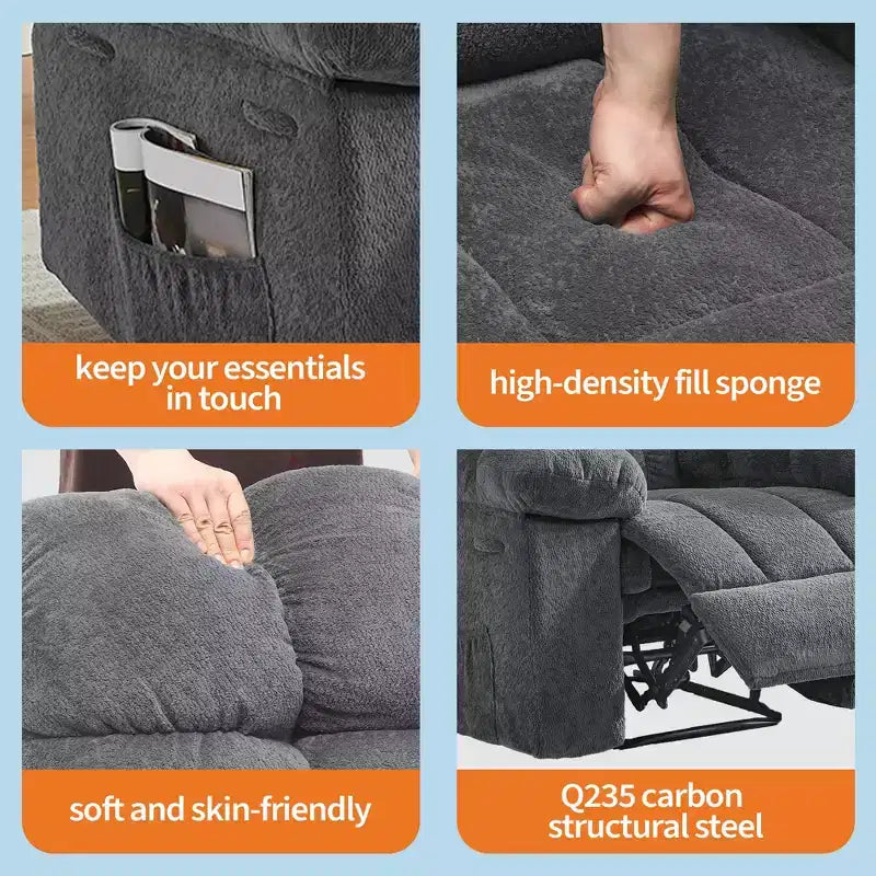 Fauteuil inclinable manuel surdimensionné, fauteuil inclinable ergonomique et respirant avec siège rembourré et 2 poches latérales, canapé individuel pour salon, chambre à coucher