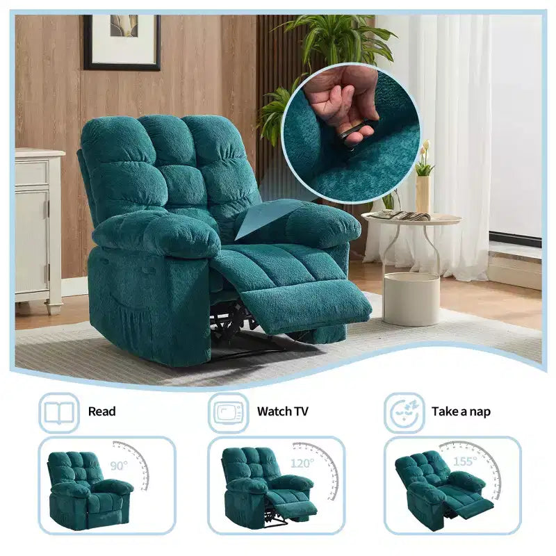 Fauteuil inclinable manuel surdimensionné, fauteuil inclinable ergonomique et respirant avec siège rembourré et 2 poches latérales, canapé individuel pour salon, chambre à coucher