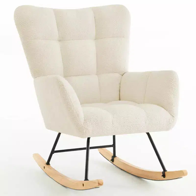 Fauteuil à bascule en similicuir imitation peau de mouton, fauteuil inclinable avec dossier haut et pieds en bois