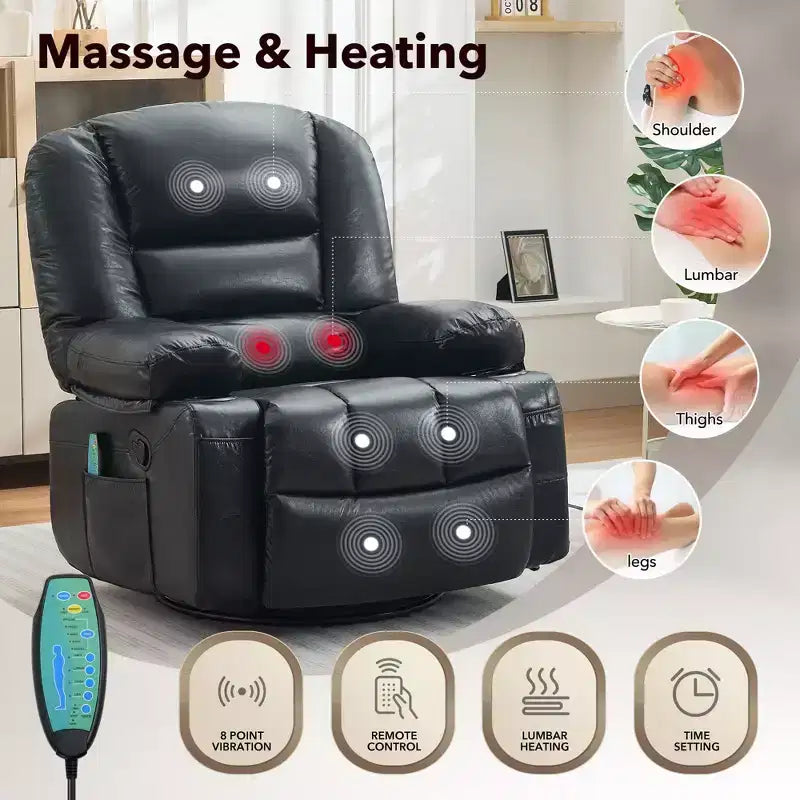 Fauteuil inclinable à bascule avec massage et chauffage, pivotant à 360°, extra large, chenille ou PU, pour salon et chambre à coucher