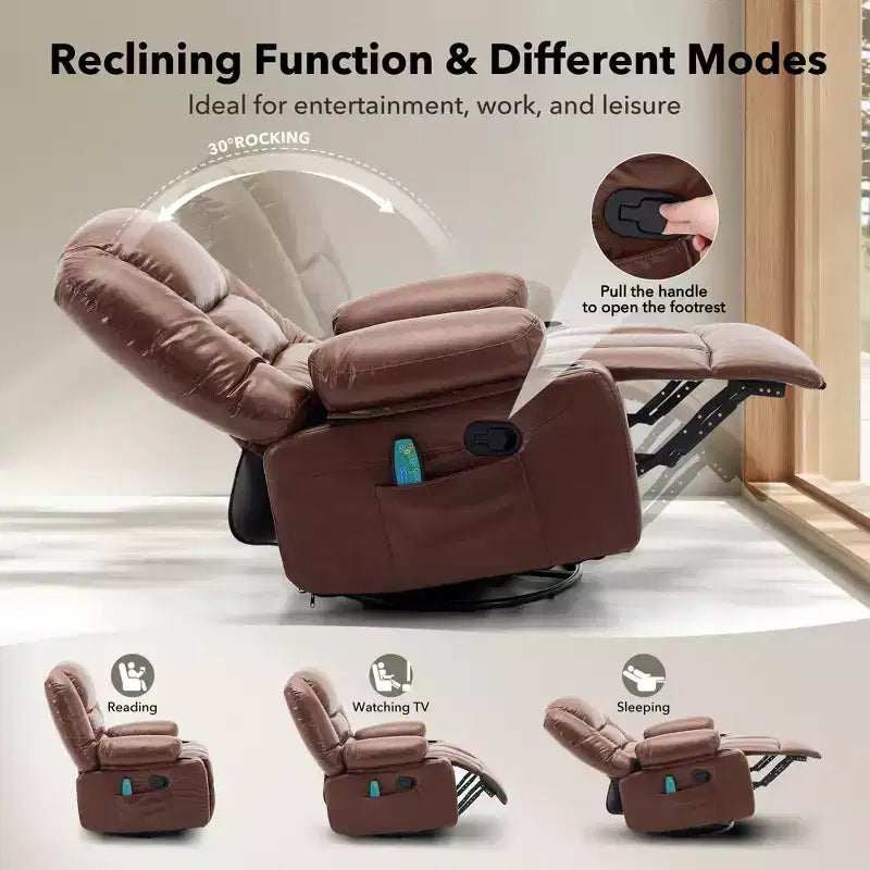 Fauteuil inclinable à bascule avec massage et chauffage, pivotant à 360°, extra large, chenille ou PU, pour salon et chambre à coucher