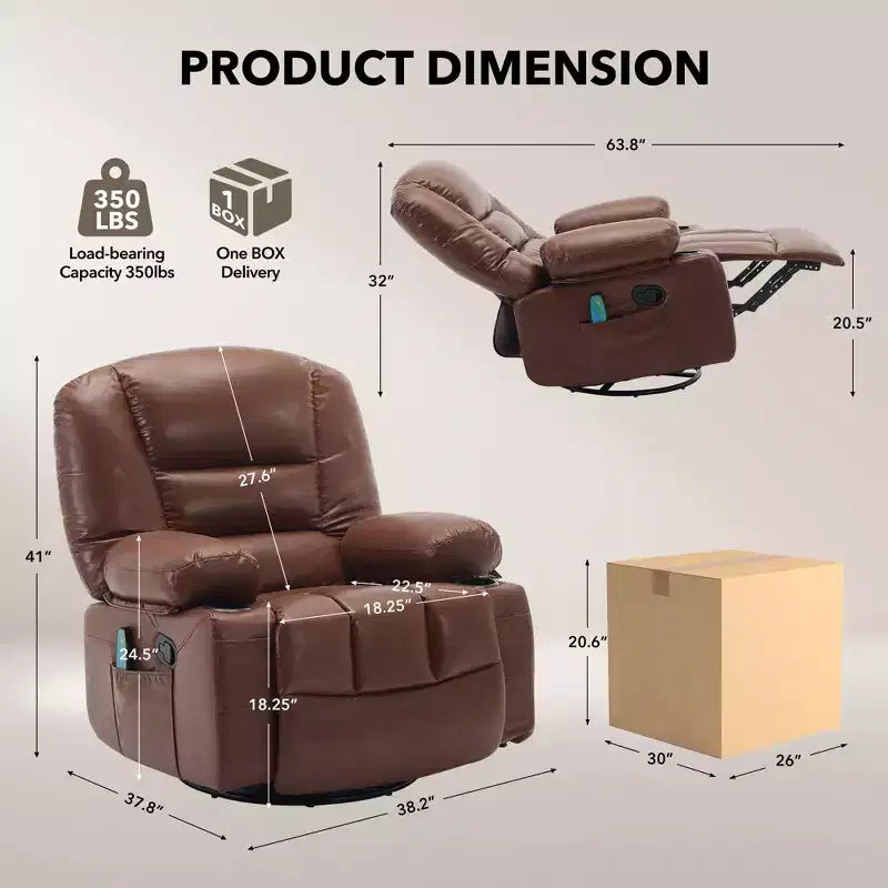 Fauteuil inclinable à bascule avec massage et chauffage, pivotant à 360°, extra large, chenille ou PU, pour salon et chambre à coucher