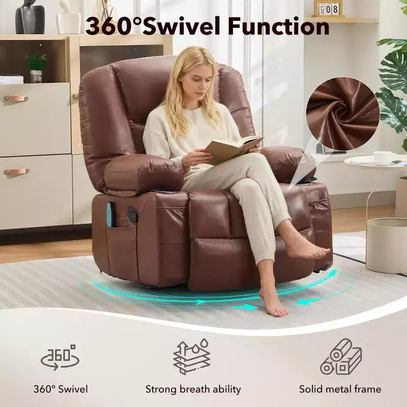 Fauteuil inclinable à bascule avec massage et chauffage, pivotant à 360°, extra large, chenille ou PU, pour salon et chambre à coucher