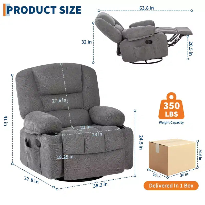 Fauteuil inclinable à bascule avec massage et chauffage, pivotant à 360°, extra large, chenille ou PU, pour salon et chambre à coucher