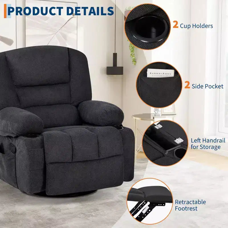 Fauteuil inclinable à bascule avec massage et chauffage, pivotant à 360°, extra large, chenille ou PU, pour salon et chambre à coucher
