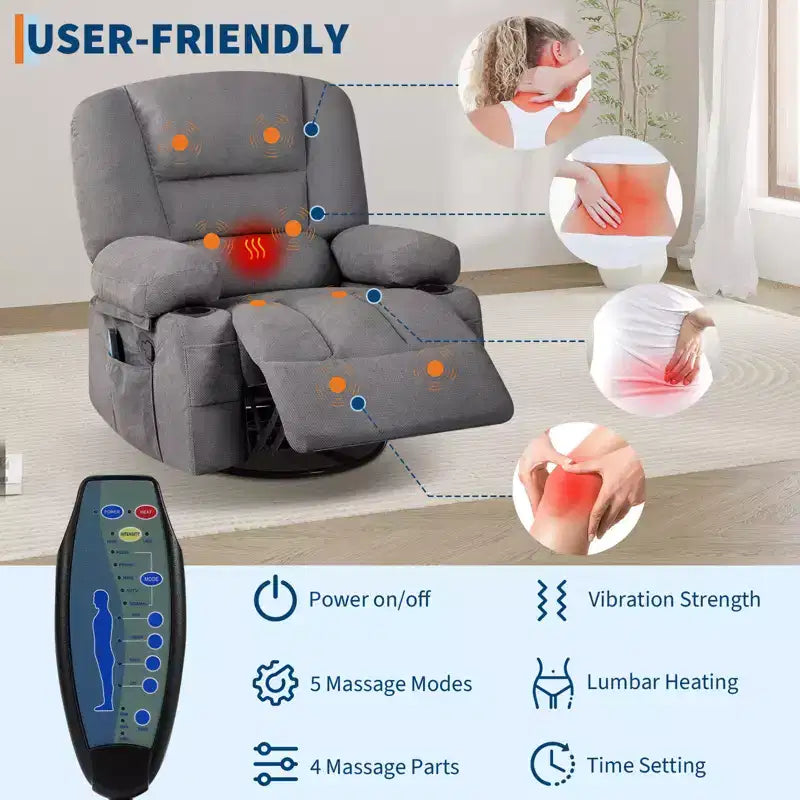 Fauteuil inclinable à bascule avec massage et chauffage, pivotant à 360°, extra large, chenille ou PU, pour salon et chambre à coucher