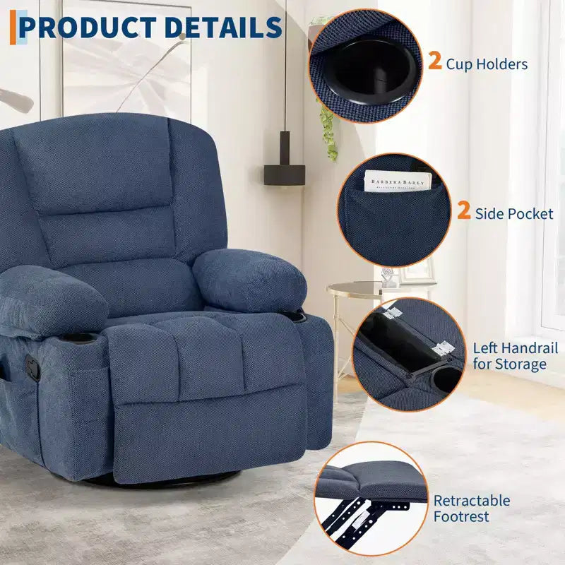 Fauteuil inclinable à bascule avec massage et chauffage, pivotant à 360°, extra large, chenille ou PU, pour salon et chambre à coucher