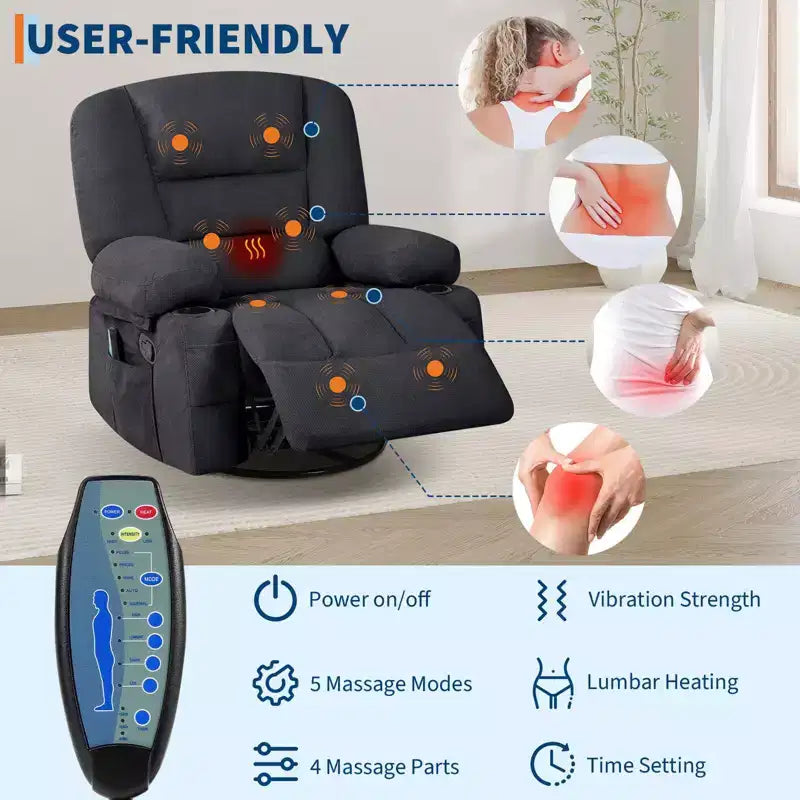 Fauteuil inclinable à bascule avec massage et chauffage, pivotant à 360°, extra large, chenille ou PU, pour salon et chambre à coucher