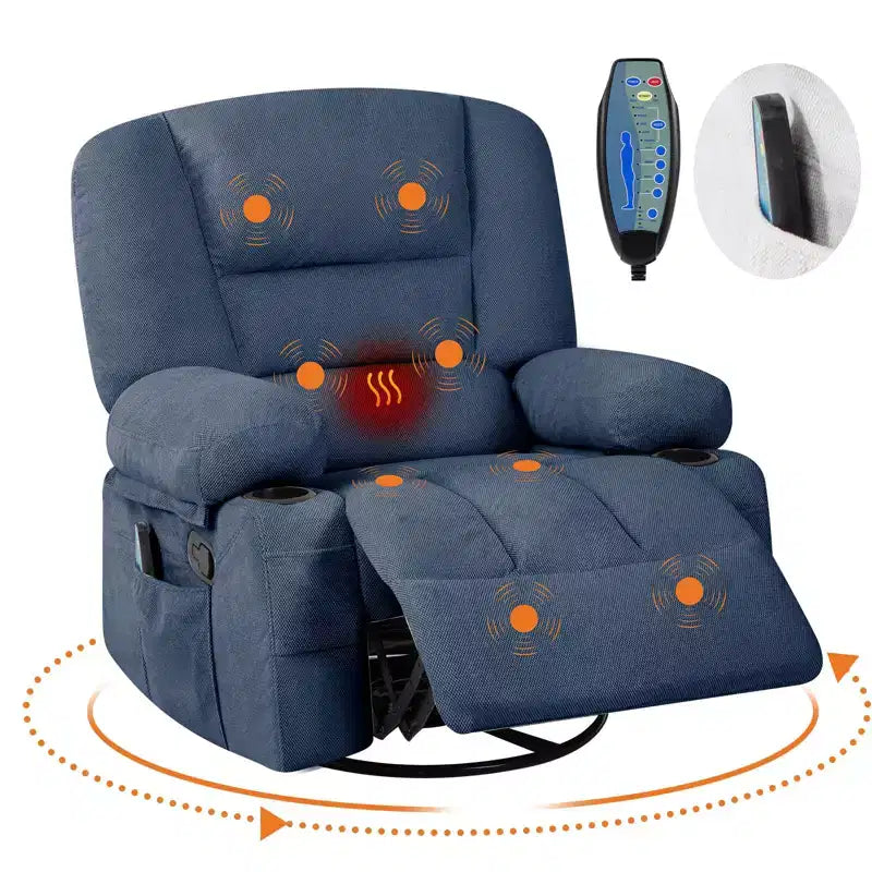 Fauteuil inclinable à bascule avec massage et chauffage, pivotant à 360°, extra large, chenille ou PU, pour salon et chambre à coucher