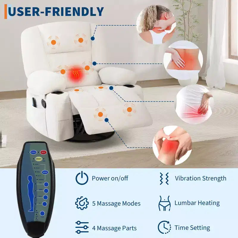 Fauteuil inclinable à bascule avec massage et chauffage, pivotant à 360°, extra large, chenille ou PU, pour salon et chambre à coucher