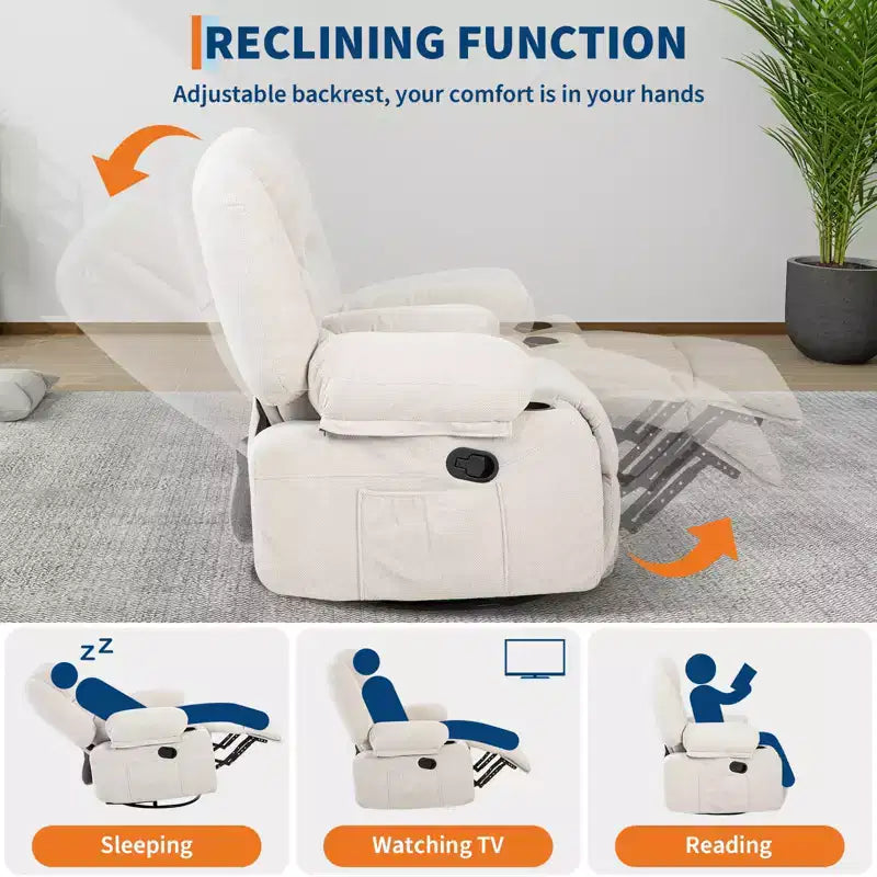 Fauteuil inclinable à bascule avec massage et chauffage, pivotant à 360°, extra large, chenille ou PU, pour salon et chambre à coucher