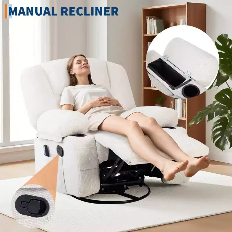 Fauteuil inclinable à bascule avec massage et chauffage, pivotant à 360°, extra large, chenille ou PU, pour salon et chambre à coucher
