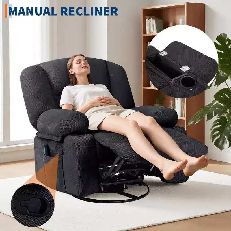 Fauteuil inclinable à bascule avec massage et chauffage, pivotant à 360°, extra large, chenille ou PU, pour salon et chambre à coucher