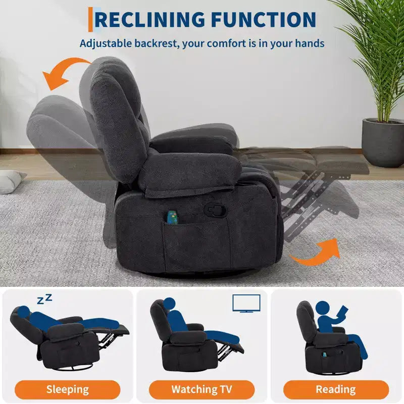 Fauteuil inclinable à bascule avec massage et chauffage, pivotant à 360°, extra large, chenille ou PU, pour salon et chambre à coucher