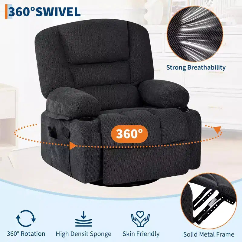 Fauteuil inclinable à bascule avec massage et chauffage, pivotant à 360°, extra large, chenille ou PU, pour salon et chambre à coucher