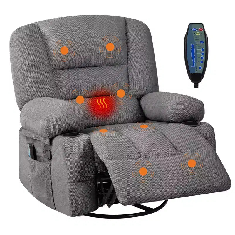 Fauteuil inclinable à bascule avec massage et chauffage, pivotant à 360°, extra large, chenille ou PU, pour salon et chambre à coucher
