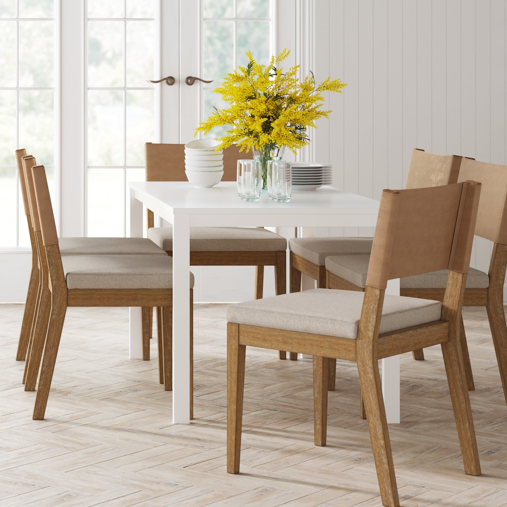 Chaises de salle à manger en bois et similicuir marron clair
