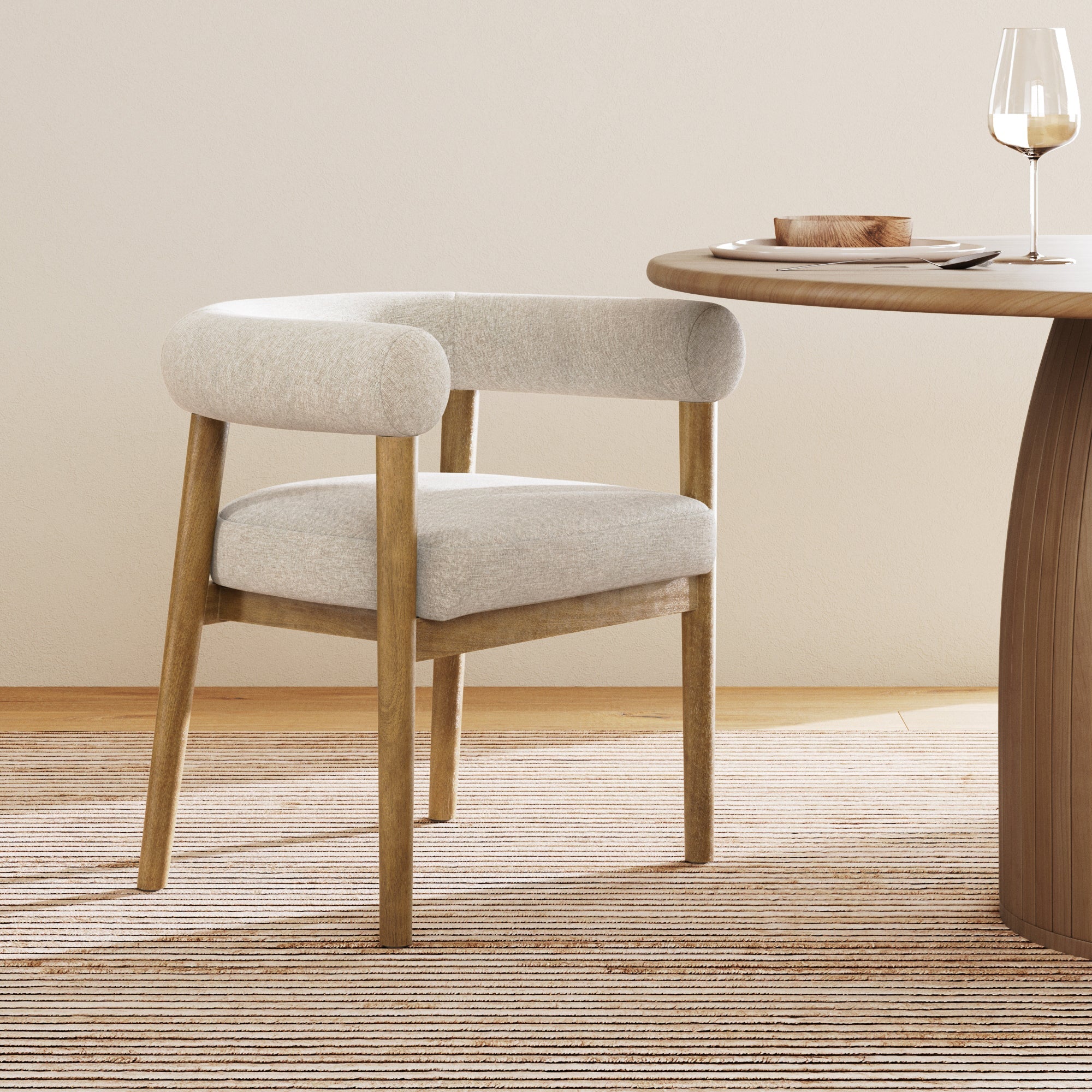 Chaise de salle à manger moderne, dossier incurvé, rembourrée, lin/marron clair