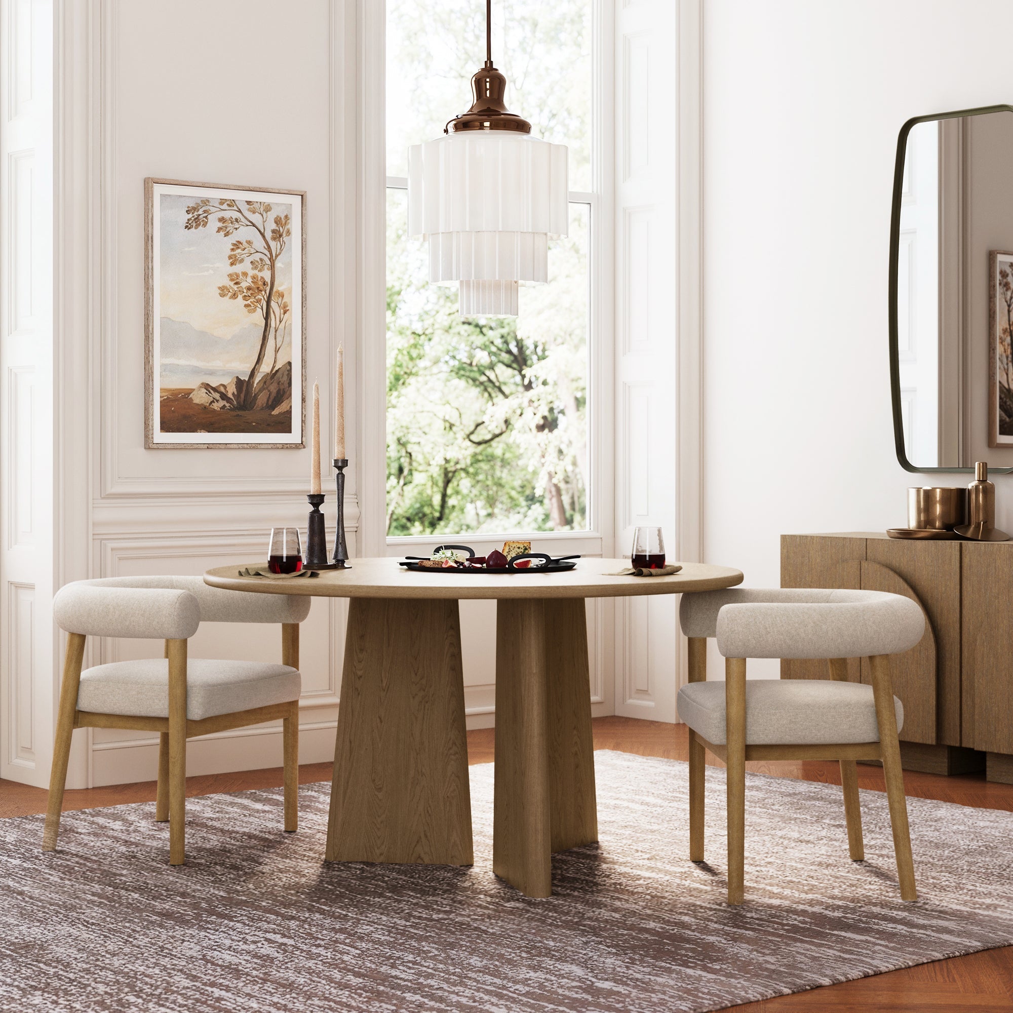 Chaise de salle à manger moderne, dossier incurvé, rembourrée, lin/marron clair