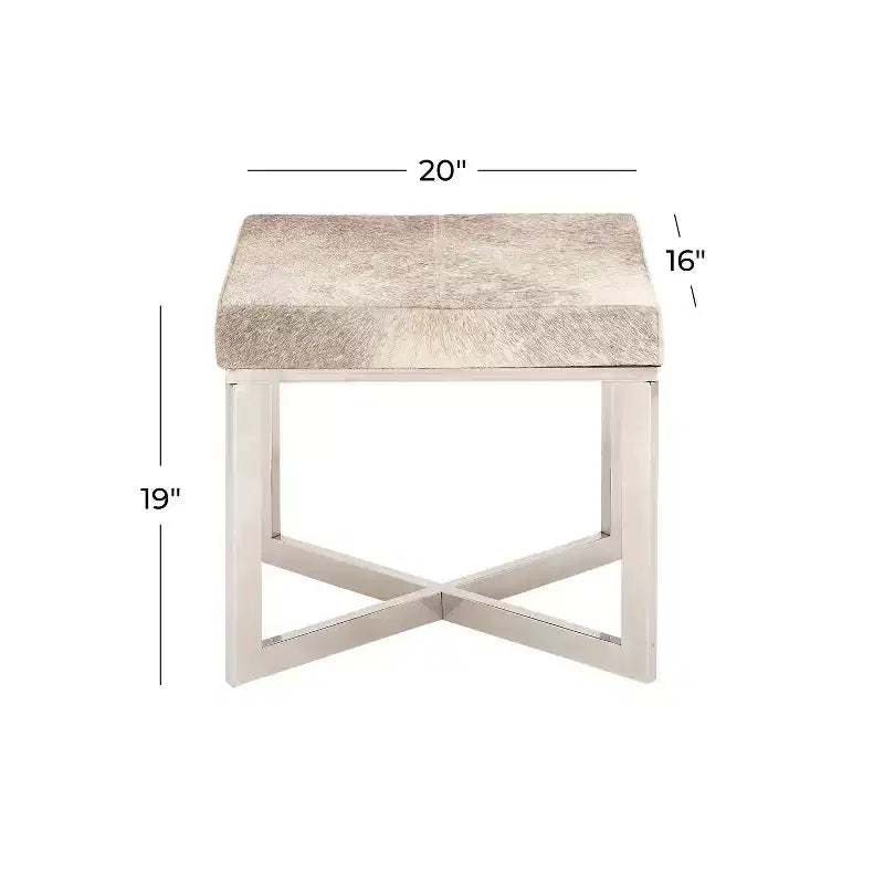 Tabouret carré contemporain en peau de vache et acier inoxydable argenté – Olivia & May