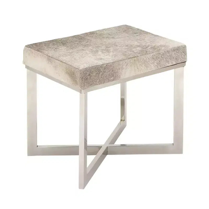 Tabouret carré contemporain en peau de vache et acier inoxydable argenté – Olivia & May