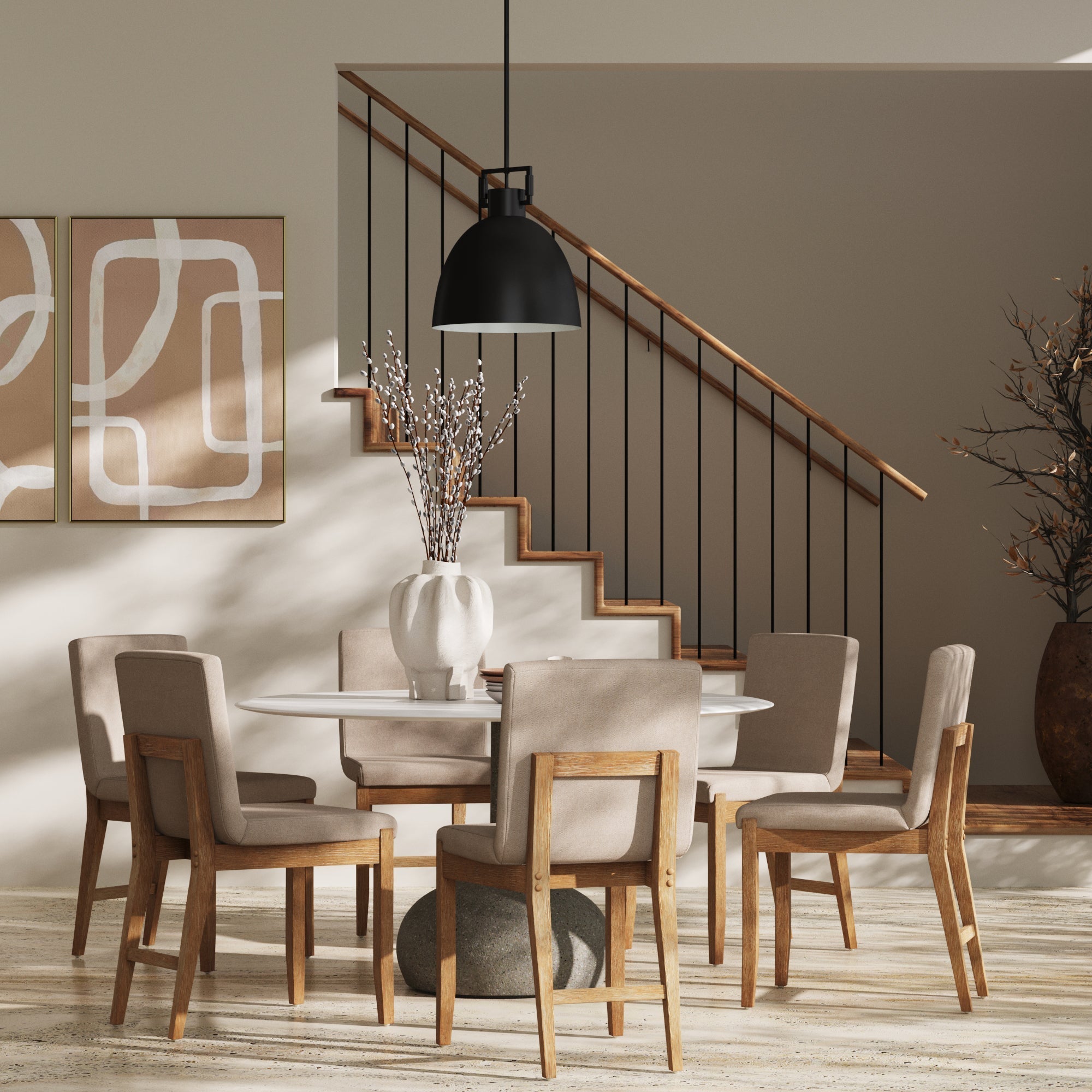 Chaises de salle à manger tapissées en bois, lin marron clair brossé