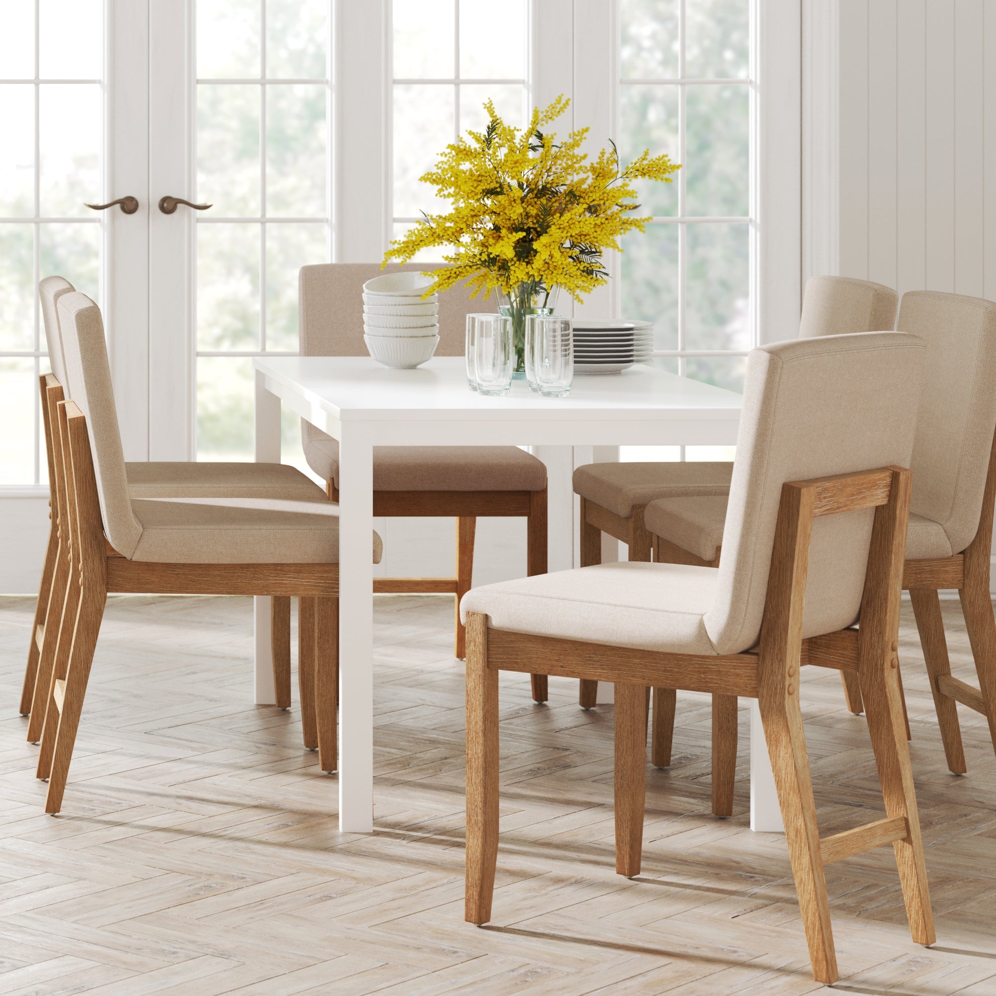 Chaises de salle à manger tapissées en bois, lin marron clair brossé