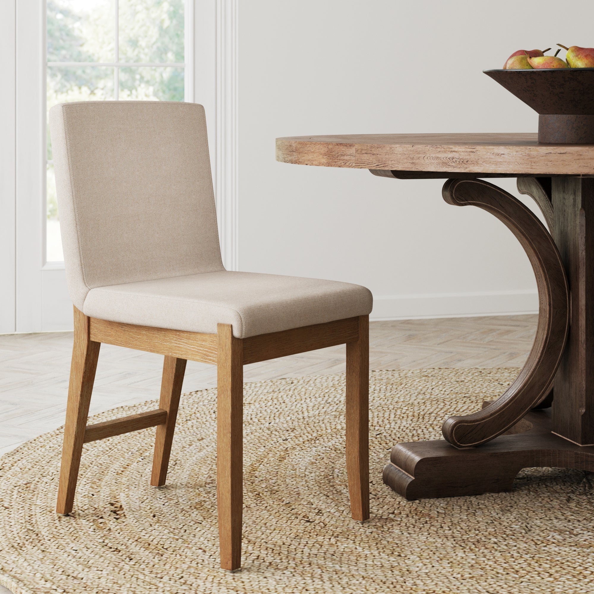 Chaise de salle à manger en bois rembourrée Lin brossé marron clair