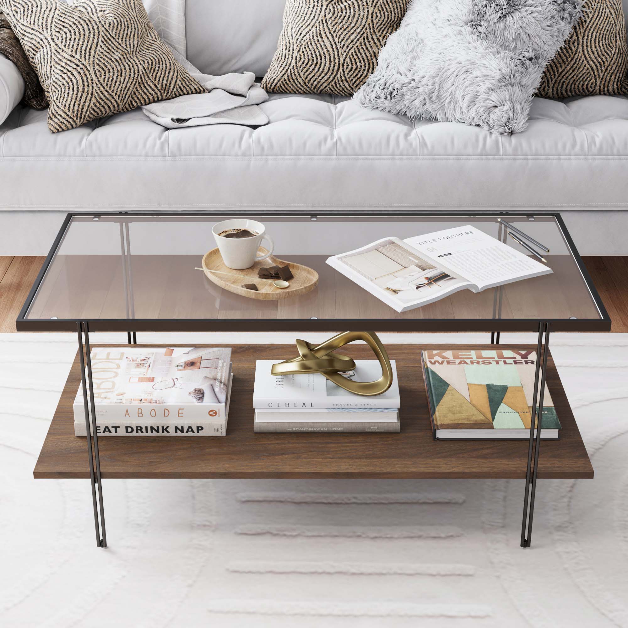 Table basse moderne en noyer avec plateau en verre