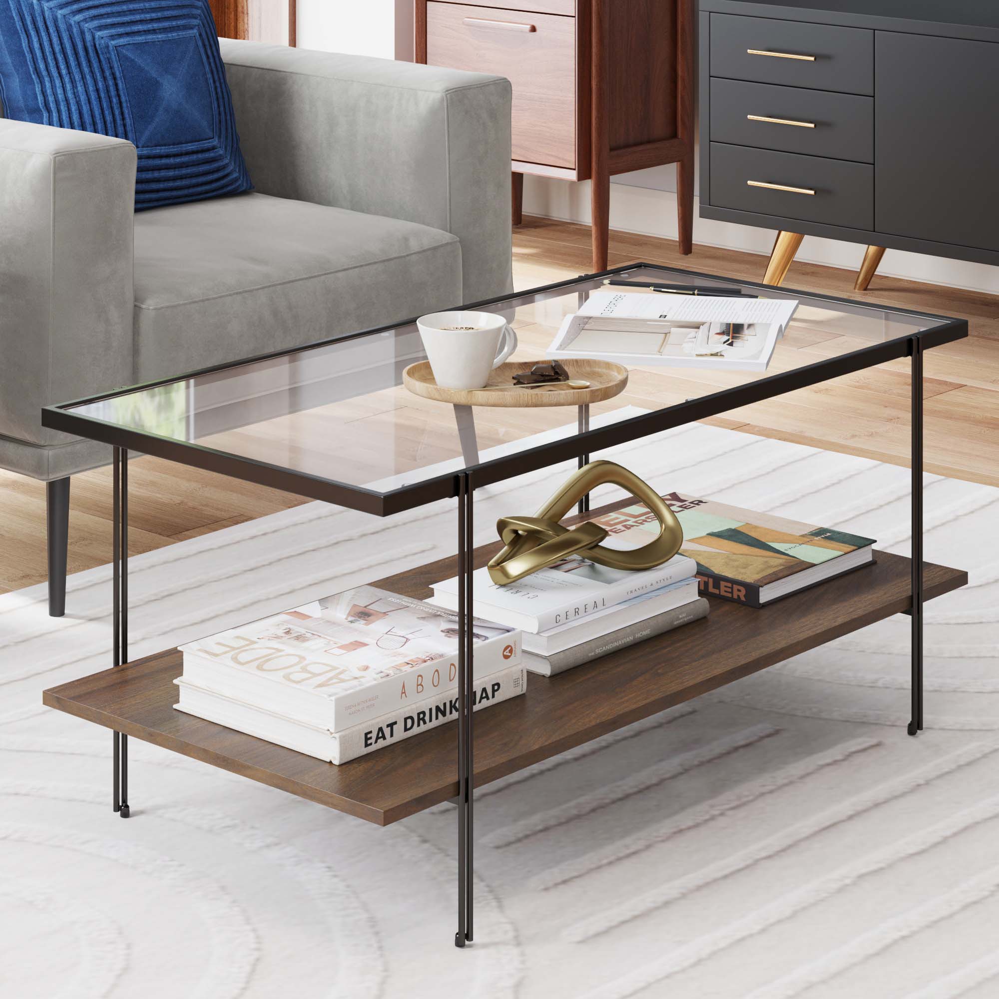 Table basse moderne en noyer avec plateau en verre