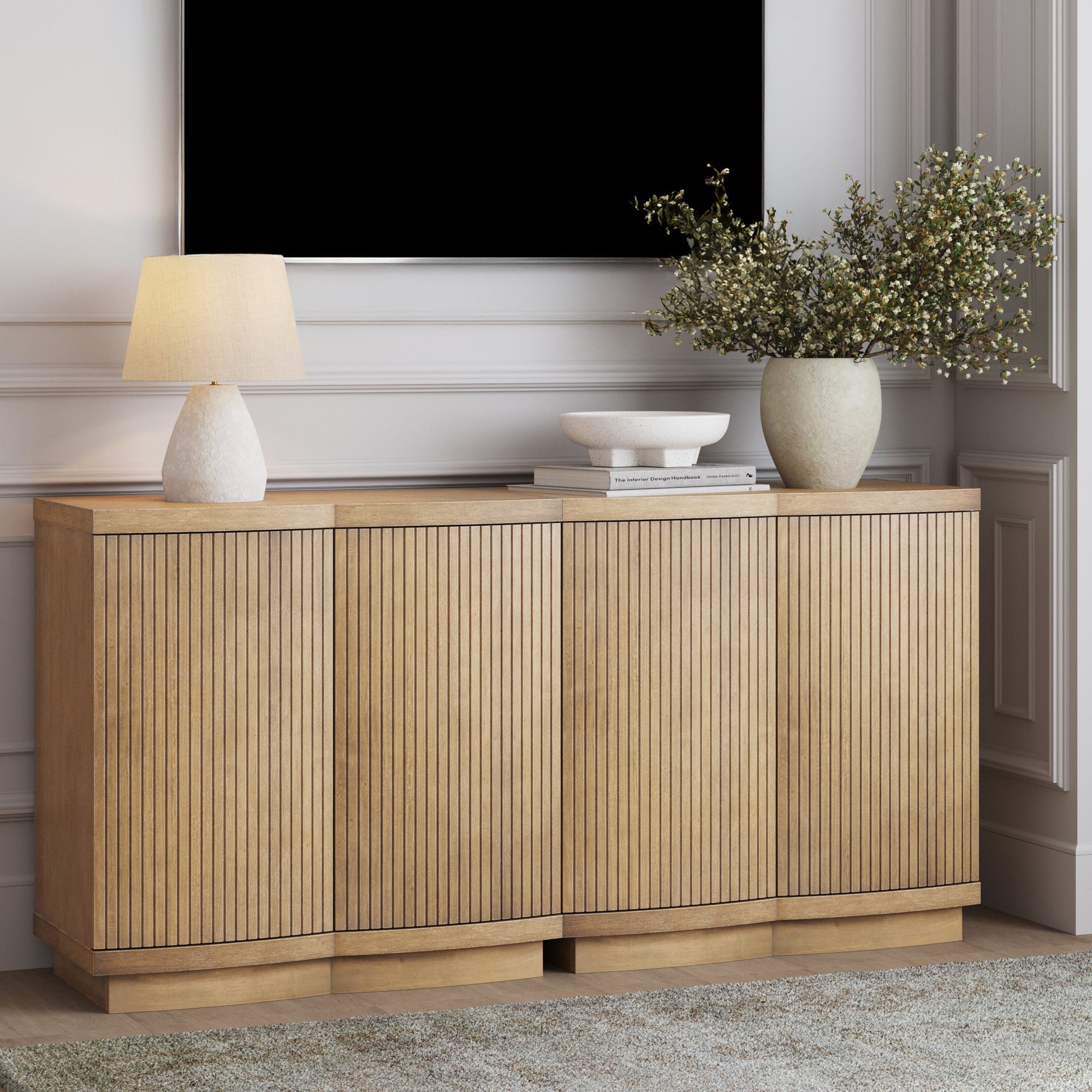 Meuble TV cannelé Mid-Century Modern Marron clair (pour téléviseurs jusqu'à 65 pouces)