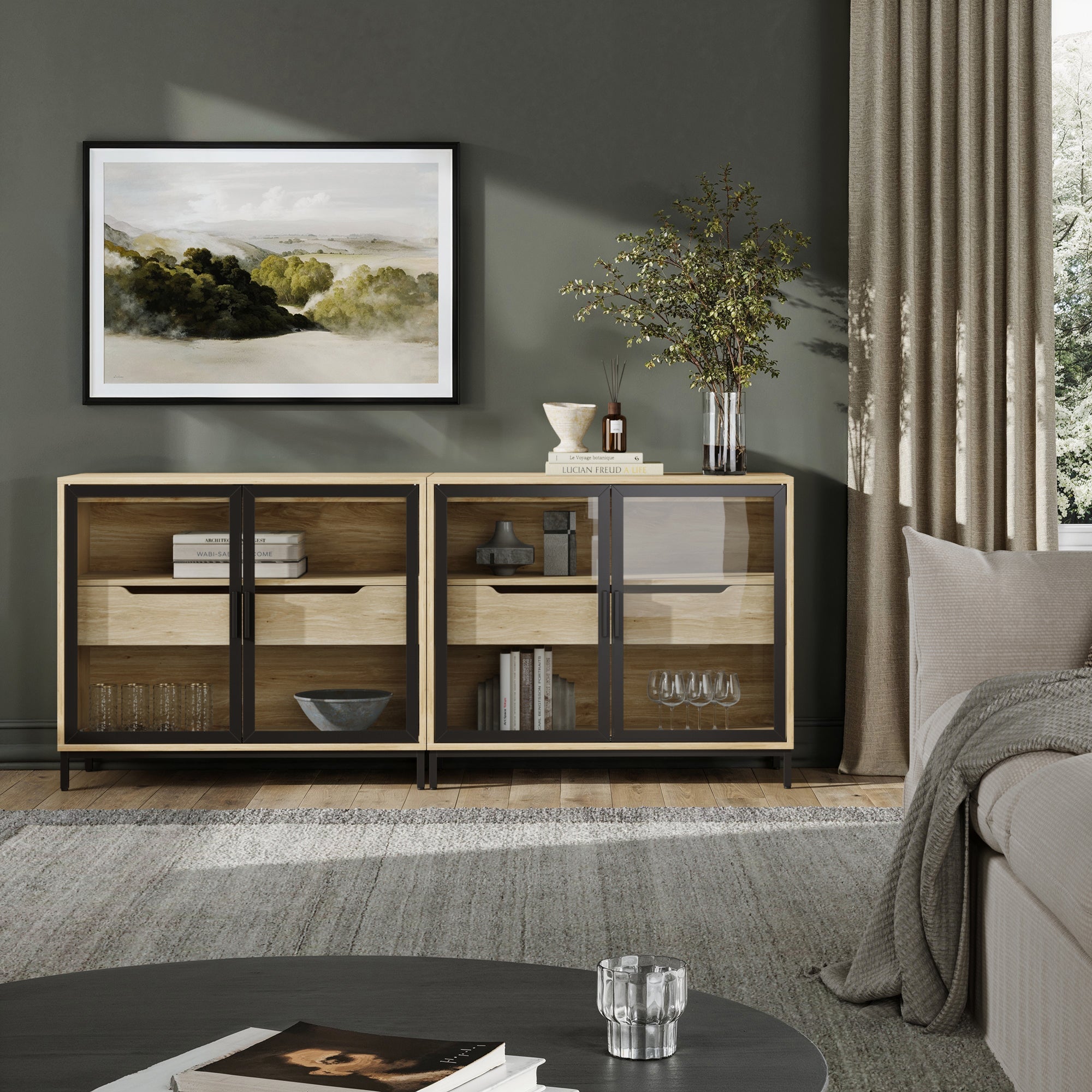 Meuble TV vitré avec portes pour téléviseurs jusqu'à 65 pouces