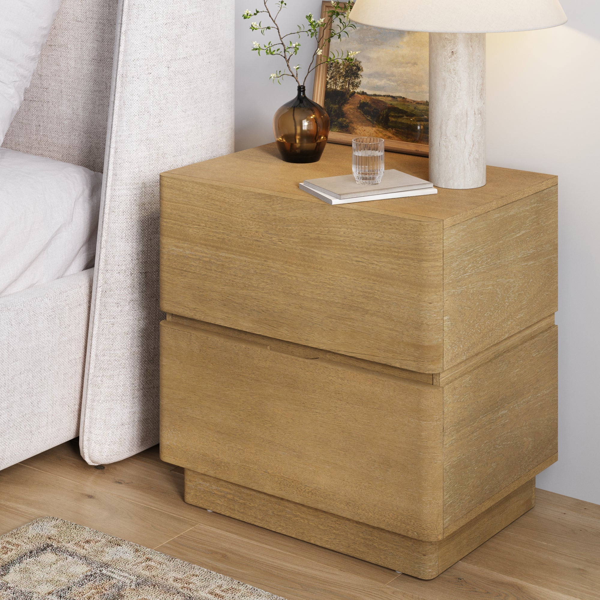 Table de Chevet Moderne en Bois à 2 Tiroirs avec Bords Arrondis Marron Clair