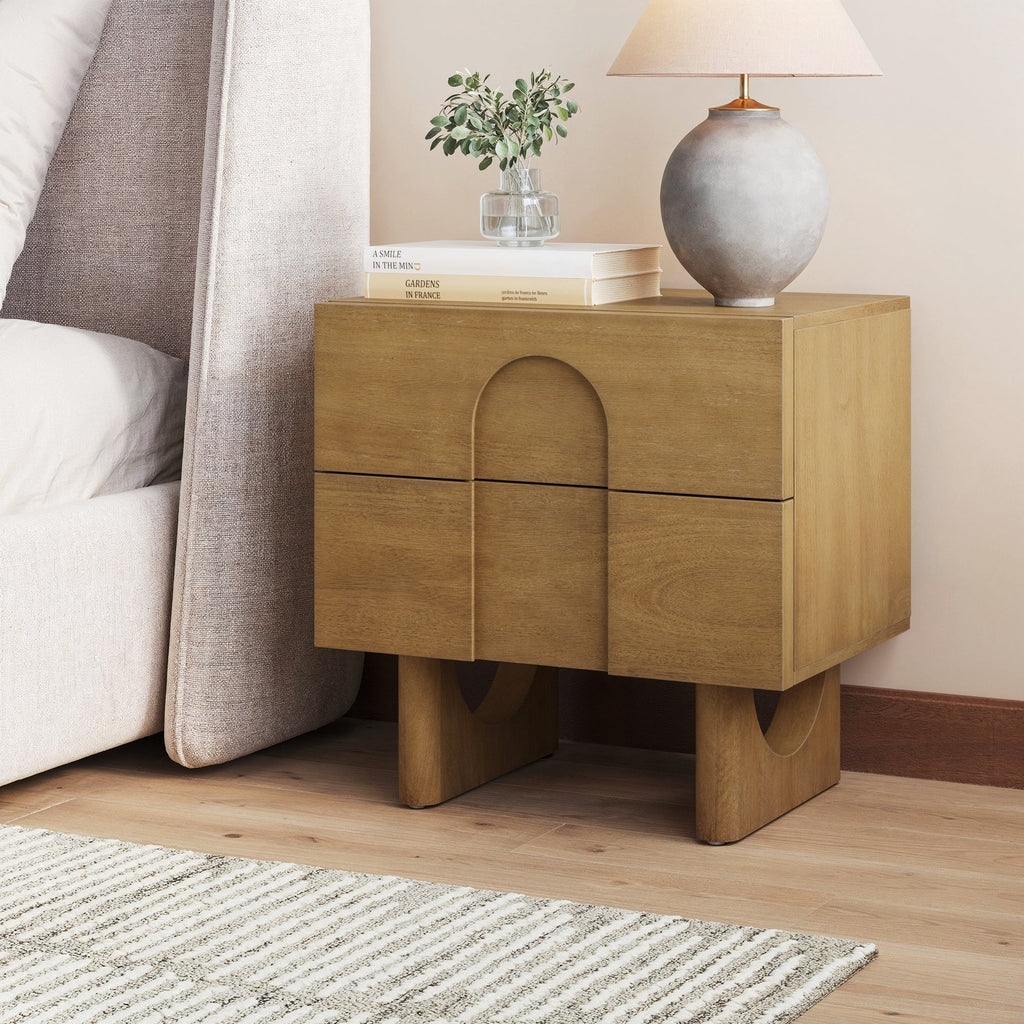 Table de chevet en bois avec tiroirs et pieds en bois massif Marron clair