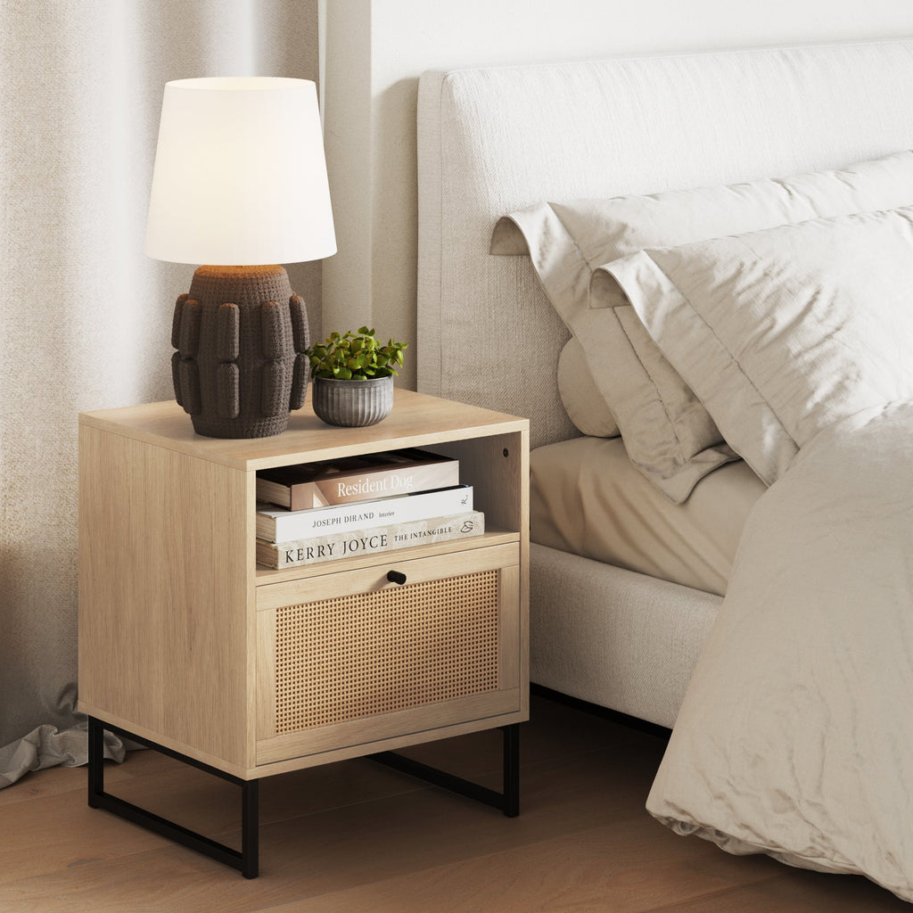 Table de chevet de rangement en rotin et bois, chêne clair