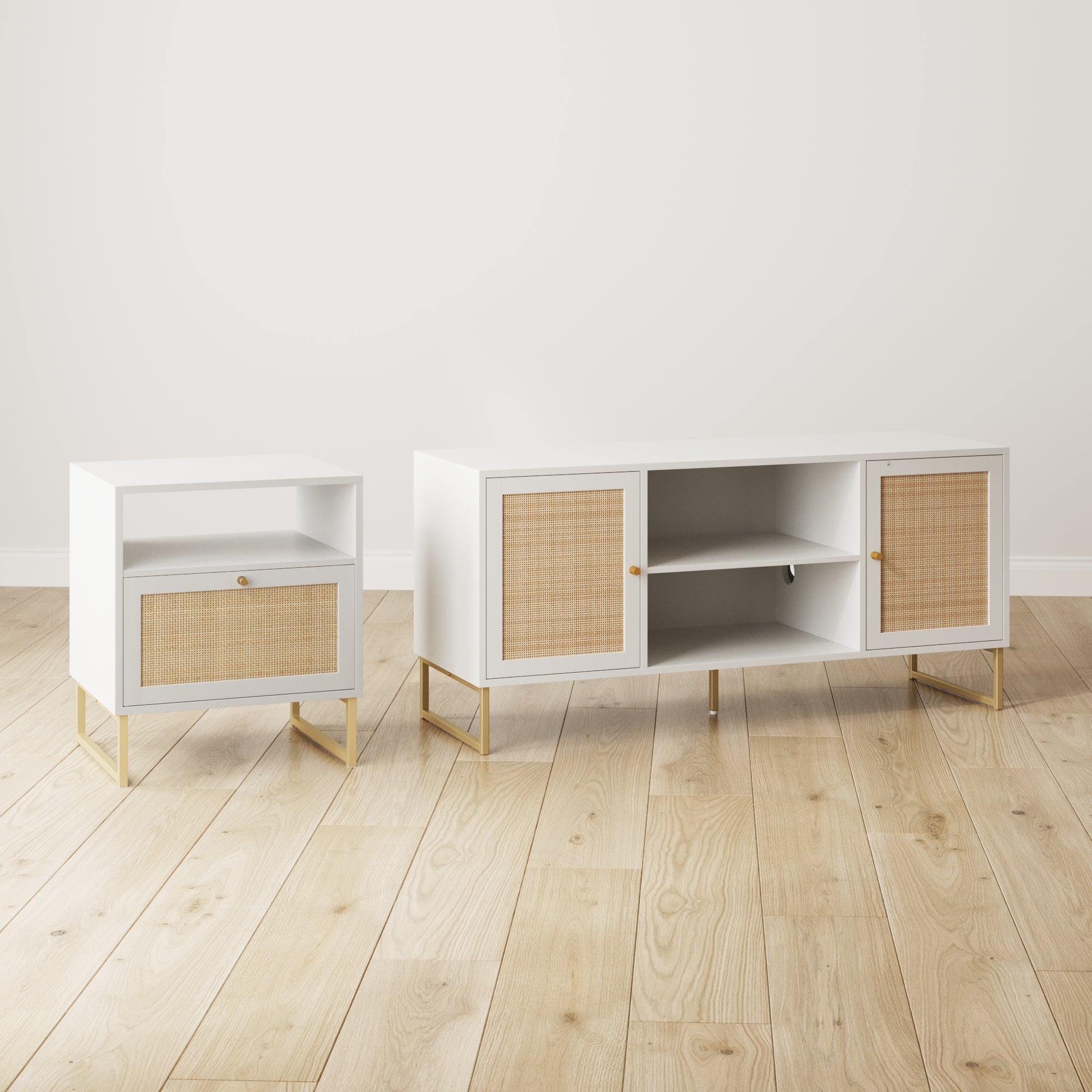 Meuble TV 2 portes en rotin et bois blanc
