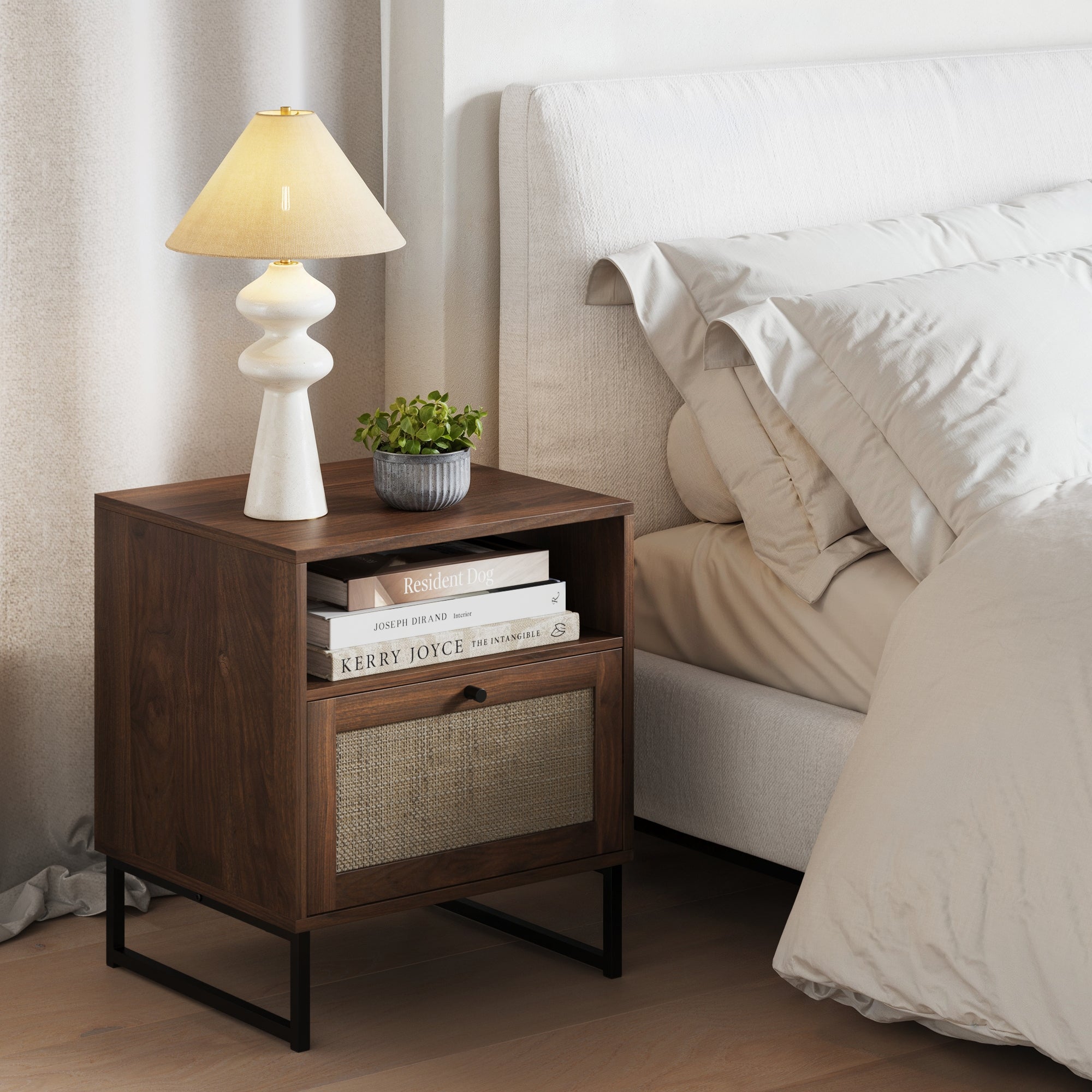 Table de chevet de rangement en rotin et bois Noyer