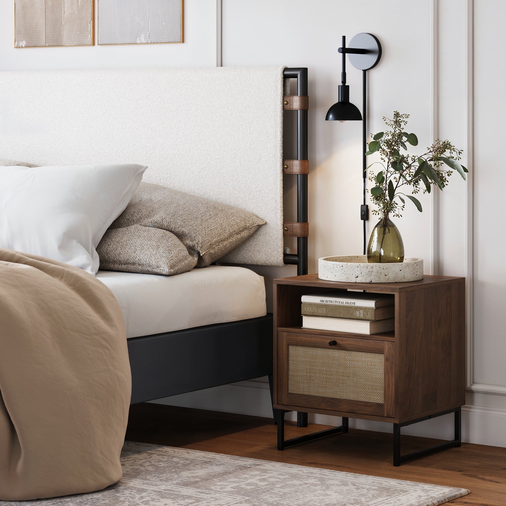 Table de chevet de rangement en rotin et bois Noyer