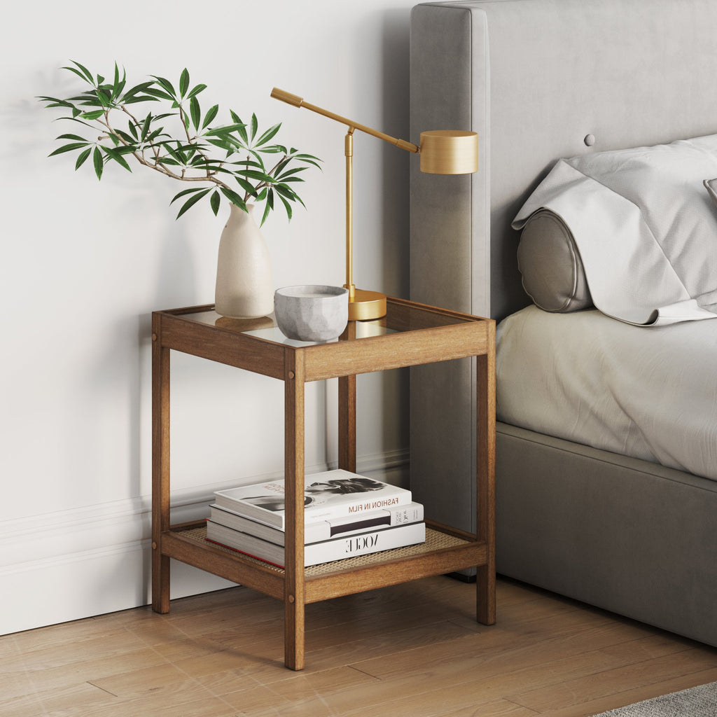 Table d'appoint en bois massif, rotin et plateau en verre