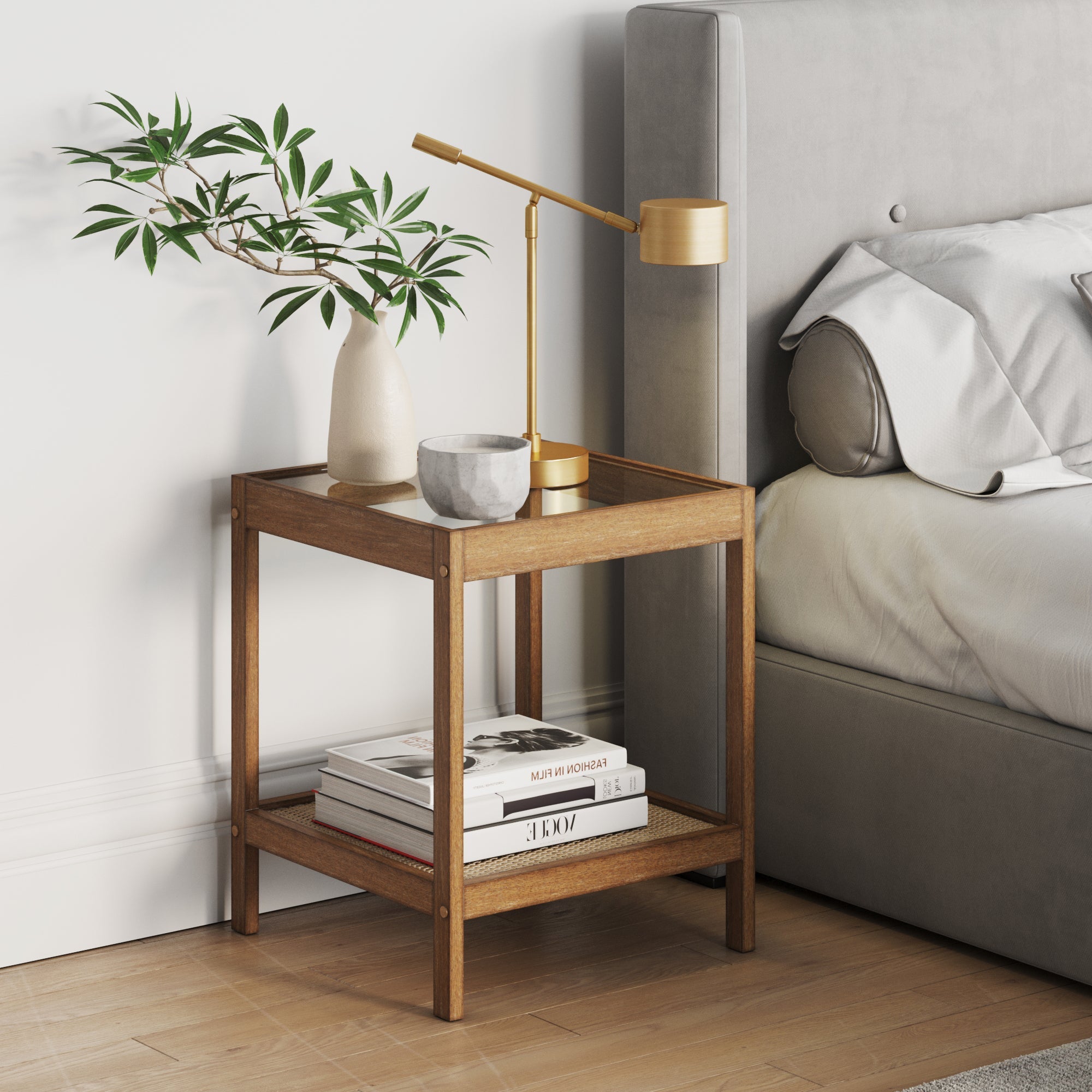 Table d'appoint en bois massif, rotin et plateau en verre