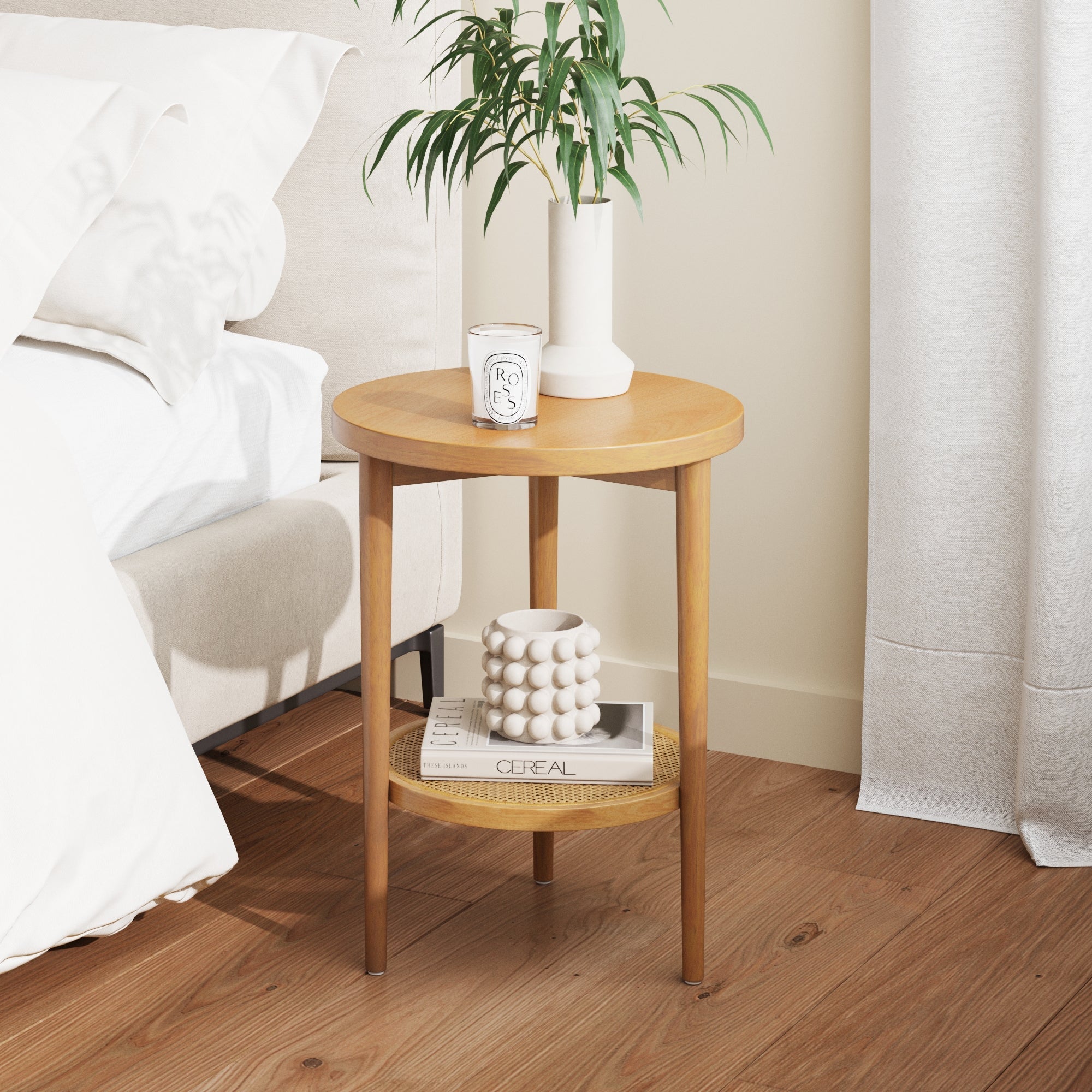 Table d'appoint ronde en bois et rotin, pin chaud