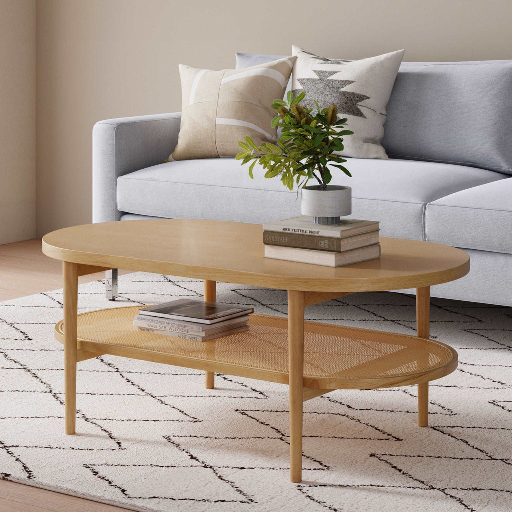 Table Basse Ovale Bois & Rotin Pin Chaleureux