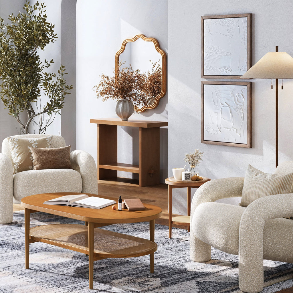 Table basse ovale en bois et rotin marron miel
