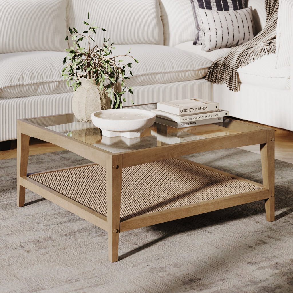 Table basse carrée en verre et rotin avec pieds en bois massif