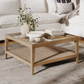 Table basse carrée en verre et rotin avec pieds en bois massif