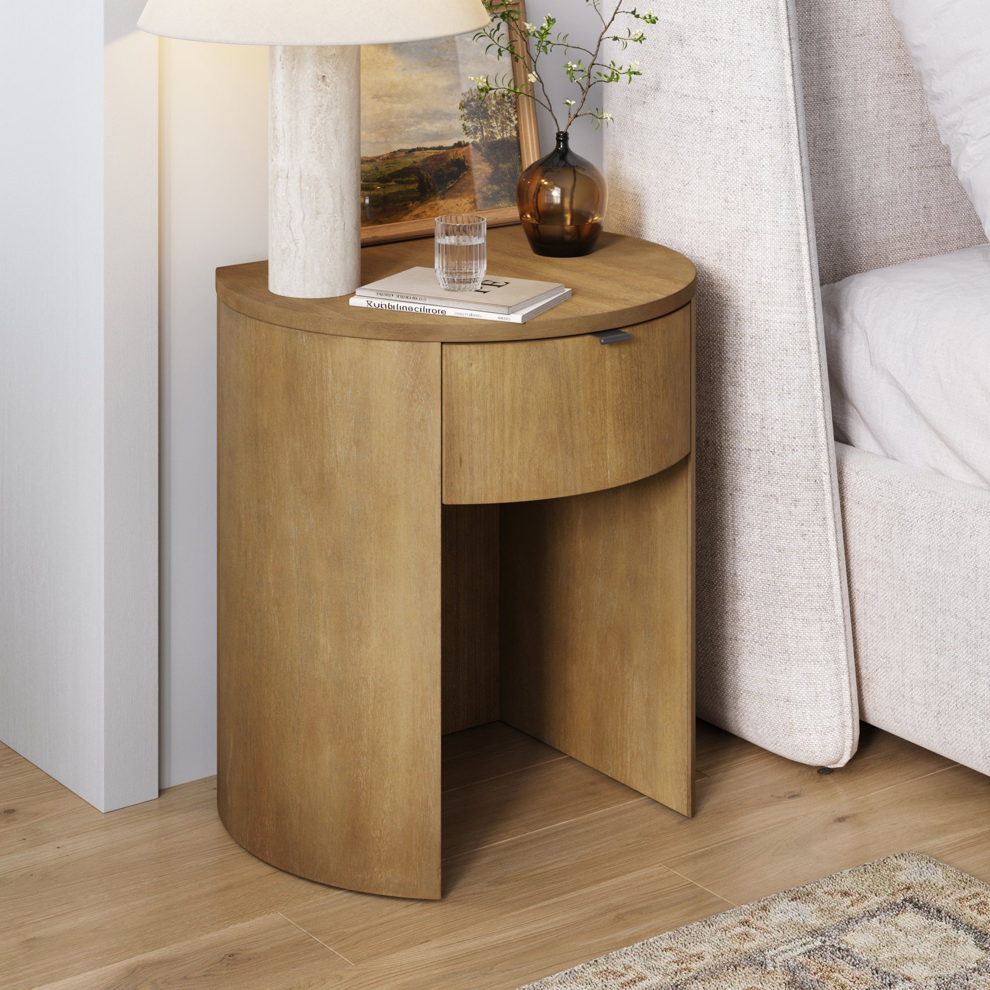 Table de chevet incurvée en bois moderne avec tiroir marron clair