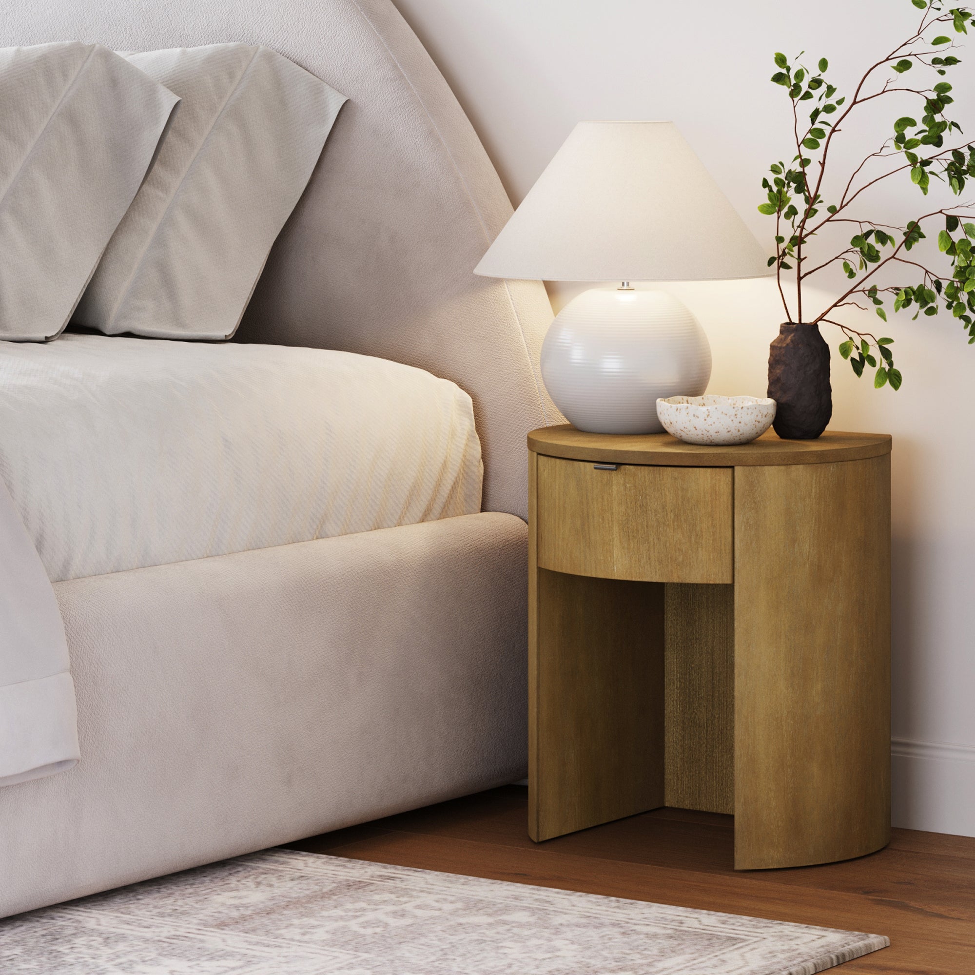 Table de chevet incurvée en bois moderne avec tiroir marron clair