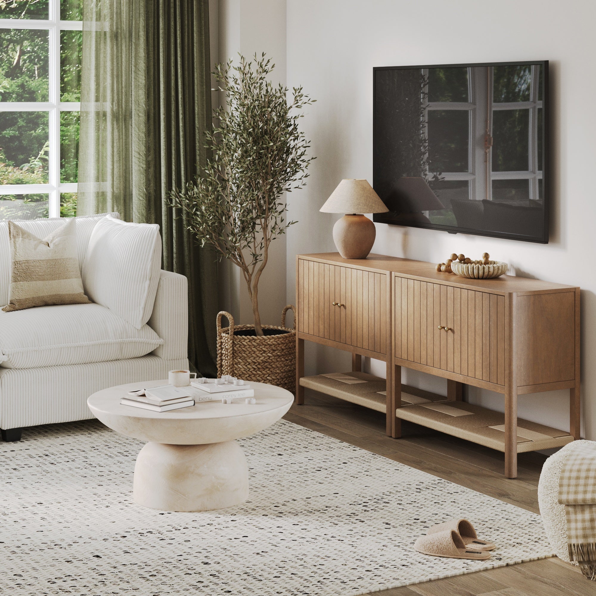 Meuble TV en bois avec étagère ouverte en jonc de mer pour TV jusqu'à 65 pouces, marron clair