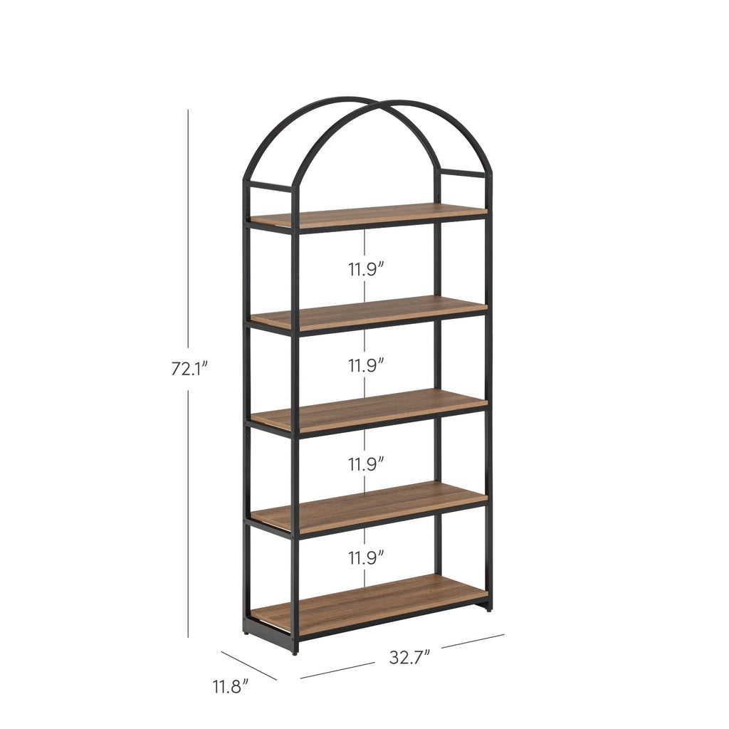 Étagère bibliothèque arquée 5 niveaux en bois et métal, chêne